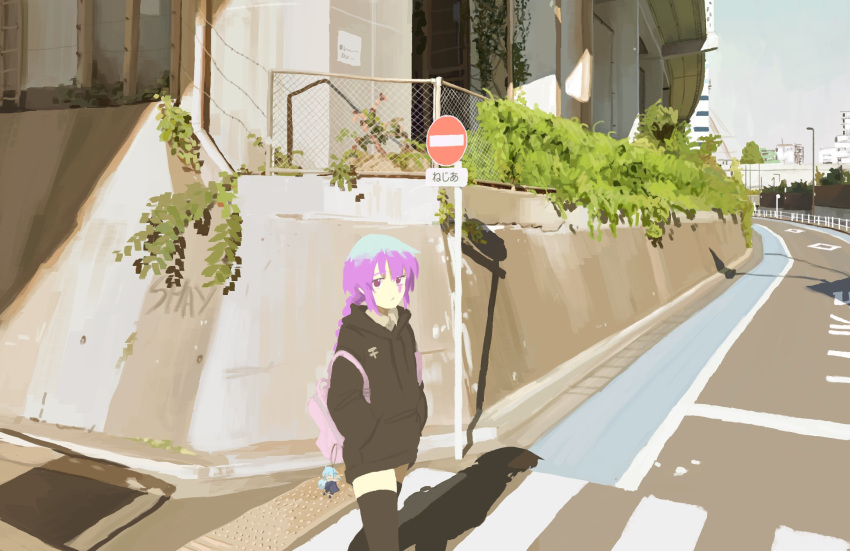 1boy backpack bag bridge character_request highres indie_virtual_youtuber li_shay purple_eyes purple_hair road road_sign sign thighhighs virtual_youtuber