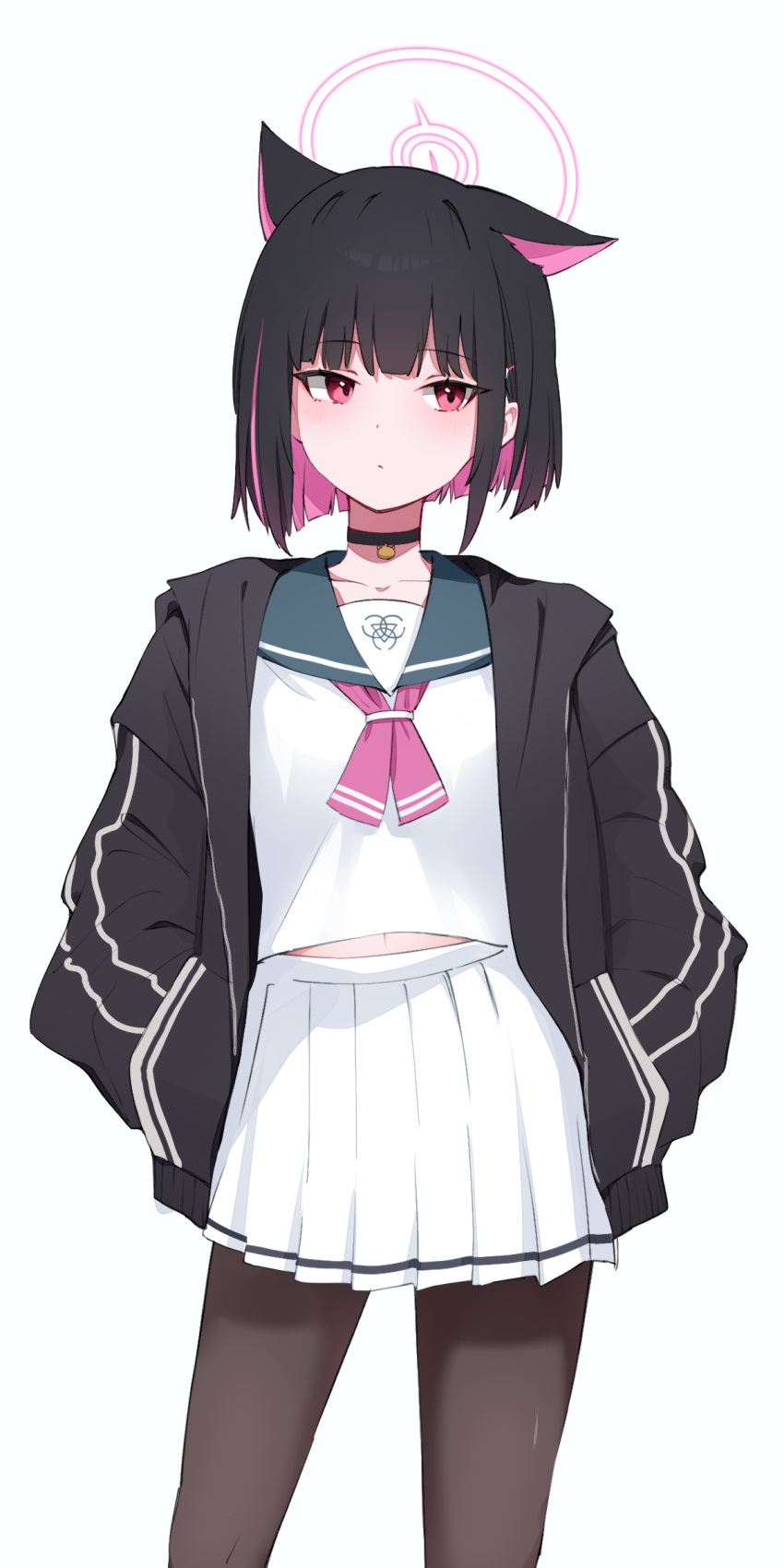 1girl absurdres animal_ears averting_eyes black_choker black_hair black_jacket black_pantyhose blue_archive blue_sailor_collar blush cat_choker cat_ears choker collarbone colored_inner_hair exiadoon feet_out_of_frame hands_in_pockets highres jacket kazusa_(blue_archive) long_sleeves midriff_peek multicolored_hair navel neckerchief open_clothes open_jacket pantyhose pink_eyes pink_hair pink_neckerchief pleated_skirt sailor_collar short_hair simple_background skirt solo trinity_general_school_logo white_background white_skirt