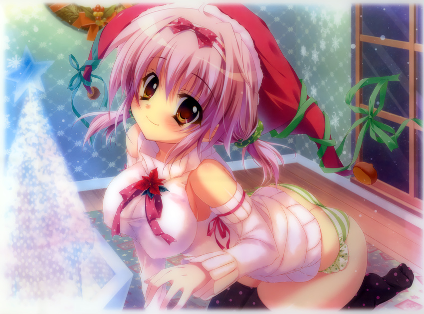 absurdres all_fours ass blush brown_eyes christmas detached_sleeves highres izumi_tsubasu looking_at_viewer no_bra original panties pink_hair polka_dot polka_dot_legwear polka_dot_scrunchie scrunchie short_twintails sleeveless sleeveless_turtleneck smile snow solo striped striped_panties thighhighs turtleneck twintails underwear