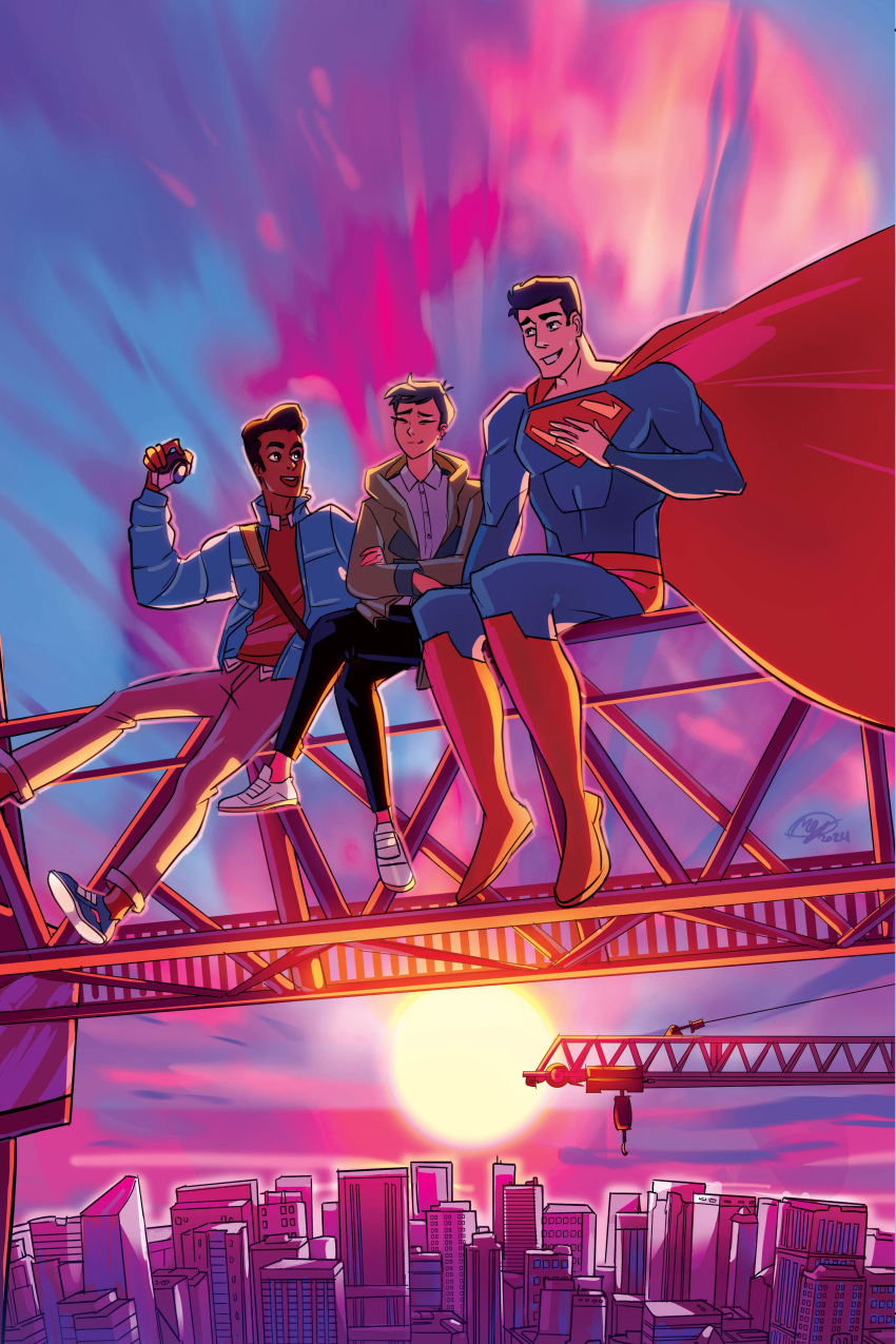 1girl 2024 2boys ^_^ absurdres black_hair black_pants blue_eyes bodysuit brown_eyes camera cape cityscape clark_kent closed_eyes coat collared_shirt comic_cover cover cover_page crane_(machine) dark-skinned_male dark_skin dated dc_comics grin highres jimmy_olsen lois_lane megan_huang multiple_boys my_adventures_with_superman official_art open_mouth pants shirt short_hair sitting sky smile sun sunset superhero_costume superman superman_(series) very_dark_skin