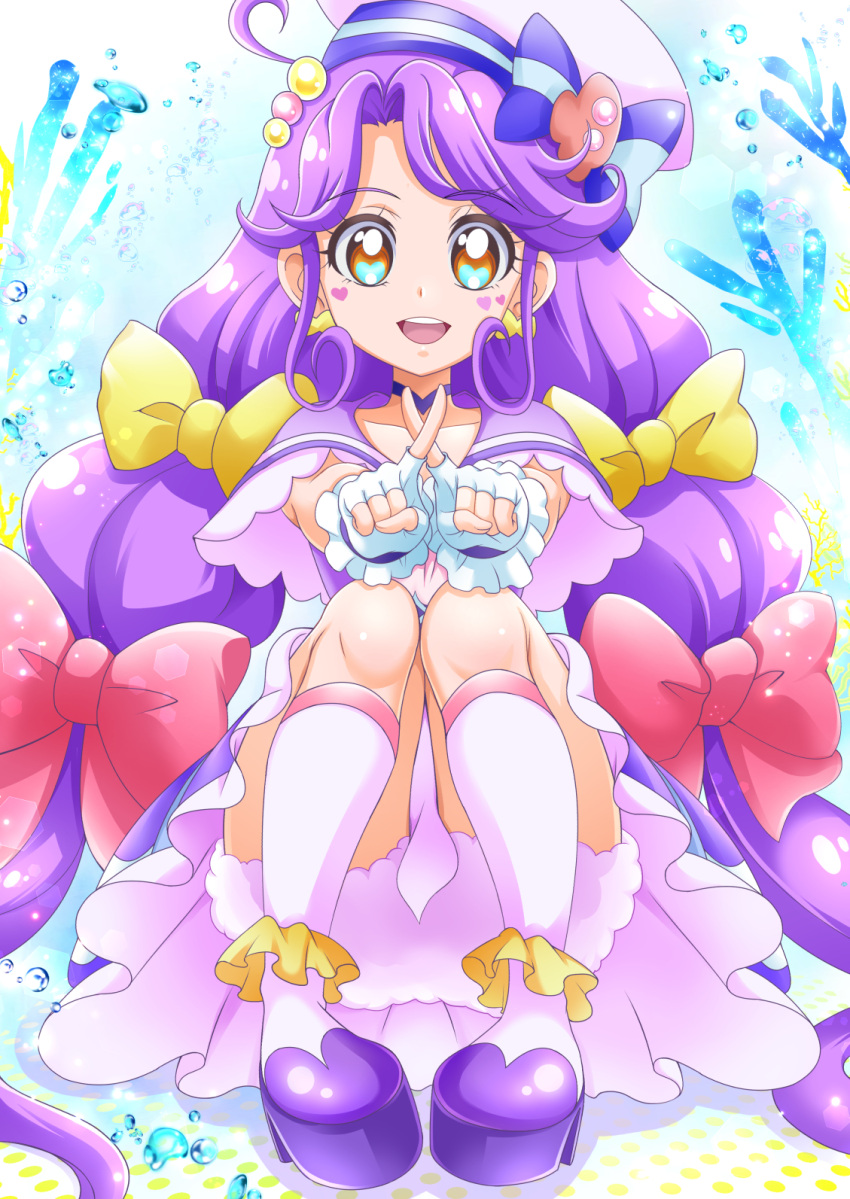 1girl air_bubble aqua_eyes asymmetrical_bangs bow brown_eyes bubble cameltoe capelet choker cure_coral dress facial_mark fingerless_gloves gloves hair_bobbles hair_bow hair_intakes hair_ornament hanzou hat hat_bow highres kneehighs long_hair looking_at_viewer magical_girl multicolored_eyes multiple_hair_bows open_mouth orange_eyes pink_bow precure purple_bow purple_capelet purple_choker purple_dress purple_footwear purple_hair sailor_hat short_dress smile socks solo squatting suzumura_sango tropical-rouge!_precure very_long_hair white_gloves white_hat white_socks yellow_bow