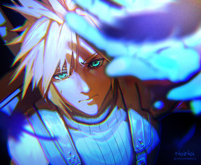 1boy aqua_eyes artist_name blonde_hair blurry blurry_foreground cloud_strife final_fantasy final_fantasy_vii final_fantasy_vii_rebirth final_fantasy_vii_remake from_above hair_between_eyes highres looking_at_viewer male_focus noinoichebura shading_eyes sleeveless sleeveless_turtleneck solo spiked_hair suspenders sweatdrop turtleneck twitter_username upper_body weapon weapon_on_back