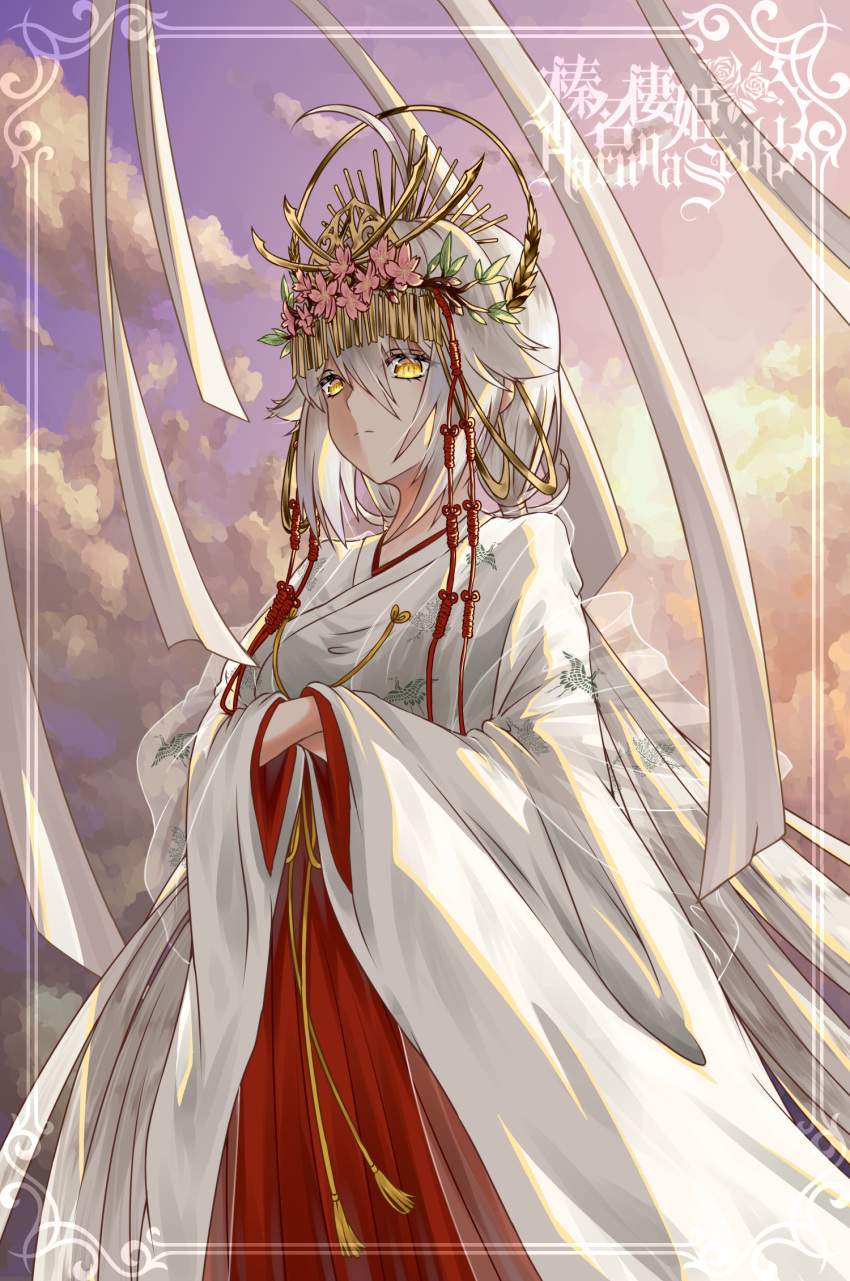 1girl breasts closed_mouth cloud flower hair_between_eyes hair_ornament hakama hakama_skirt harunaseiki headdress highres japanese_clothes long_hair miko original outdoors pink_flower red_hakama skirt sky solo white_hair wide_sleeves yellow_eyes