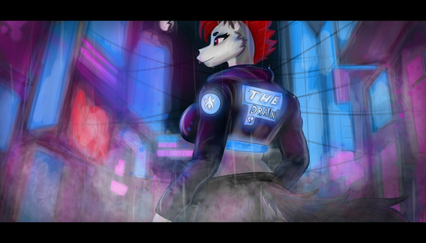 absurd_res alex_artist anthro breasts canid canine canis city clothed clothing cyberpunk digital_media_(artwork) edna_(alex_artist) female fur hair hi_res mammal night red_eyes red_hair smile solo tail white_body