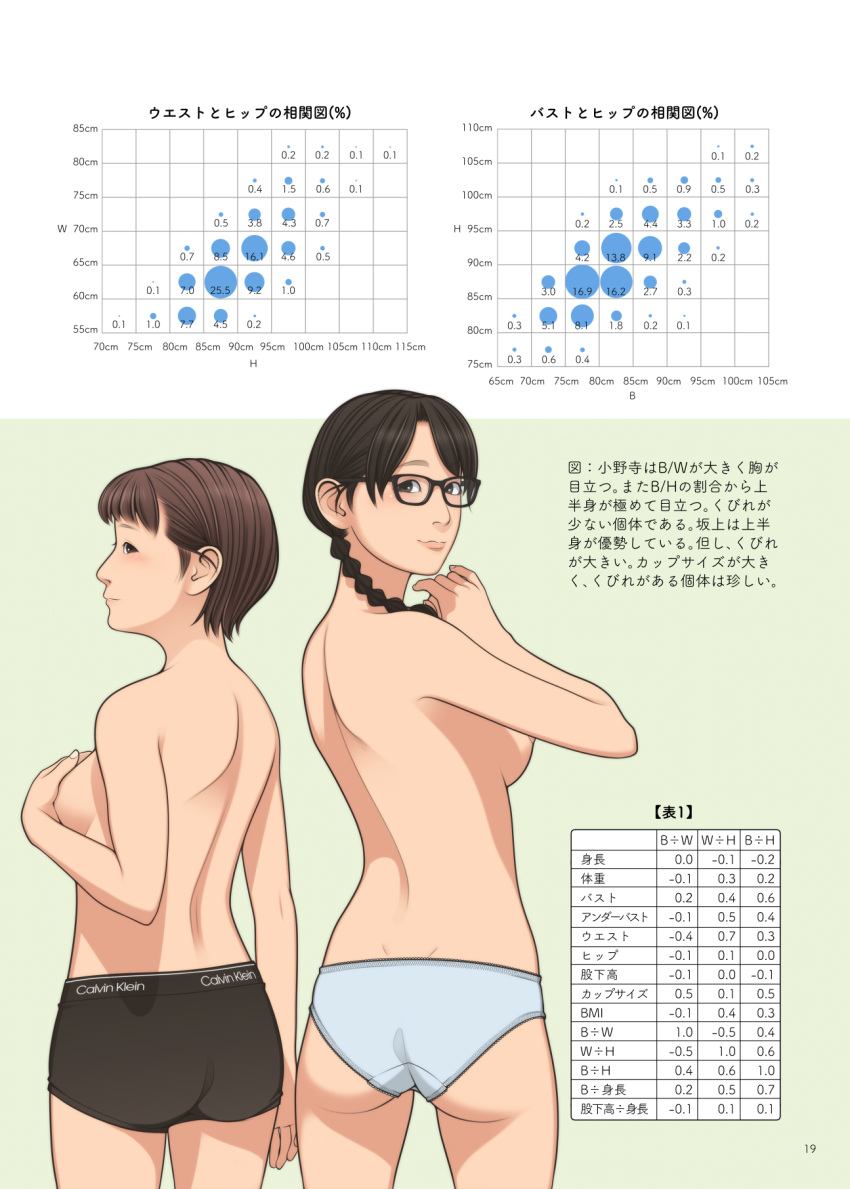 2girls asian black_hair black_panties blue_panties braid breasts brown_eyes brown_hair calvin_klein chart commentary_request covering_one_breast covering_privates dimples_of_venus glasses highres looking_back low_twin_braids medium_breasts multiple_girls original page_number panties shinchou_ni_kansuru_kousatsu short_hair sideboob small_breasts smile topless translation_request twin_braids underwear