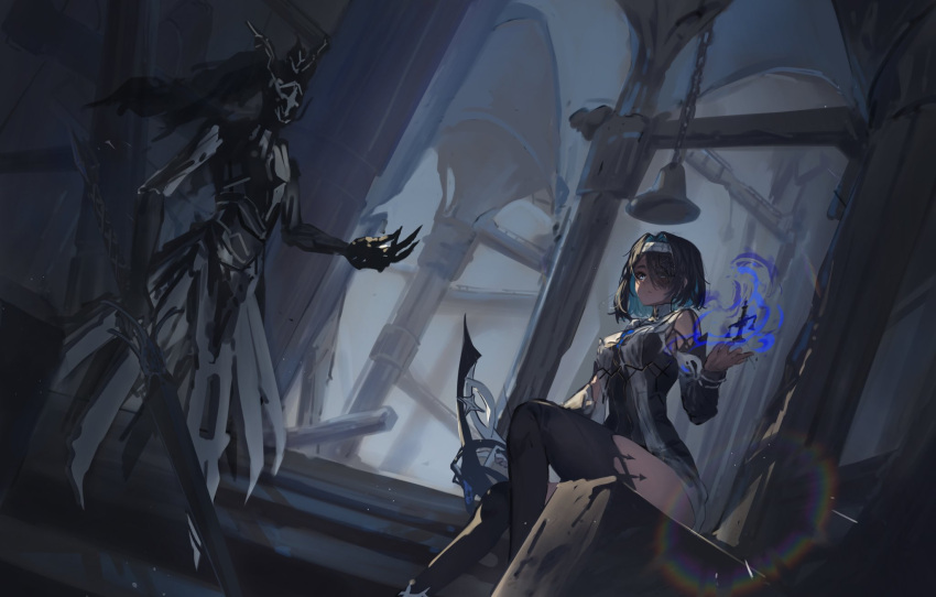 1girl 1other alisa:_echo_(punishing:_gray_raven) alisa_(punishing:_gray_raven) black_dress black_thighhighs blue_eyes blue_hair bow_(weapon) cecilie_(pgr) claws colored_inner_hair detached_sleeves dress hair_over_eyes hairband helm helmet highres holding holding_bow_(weapon) holding_weapon horns humanoid_robot ian46166491 long_sleeves medium_hair multicolored_hair official_alternate_costume punishing:_gray_raven robot thighhighs weapon white_hairband