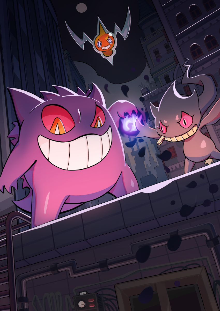 +_+ absurdres banette blue_eyes bright_pupils chinese_commentary colored_sclera commentary_request from_below gengar grin highres night no_humans orange_eyes outdoors pink_sclera pokemon pokemon_(creature) rotom rotom_(normal) smile standing teeth white_pupils ye_rou_sa_de zipper_pull_tab