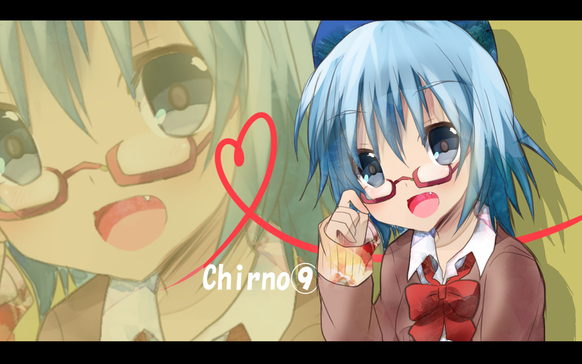 1girl :d alternate_costume bespectacled blue_eyes blue_hair bow character_name cirno fang glasses hair_bow heart heart_of_string kuromu_(underporno) letterboxed open_mouth school_uniform short_hair smile solo touhou upper_body zoom_layer