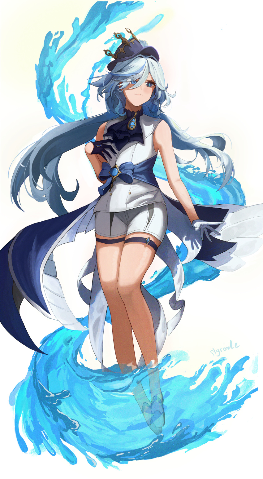 1girl absurdres ascot asymmetrical_gloves black_gloves blue_ascot blue_eyes blue_hair closed_mouth english_commentary full_body furina_(genshin_impact) genshin_impact gloves hair_over_one_eye hand_up hat highres long_hair looking_to_the_side mismatched_pupils shirt shorts simple_background sleeveless sleeveless_shirt smile solo standing styrovle thigh_strap top_hat water white_background white_gloves white_shirt white_shorts