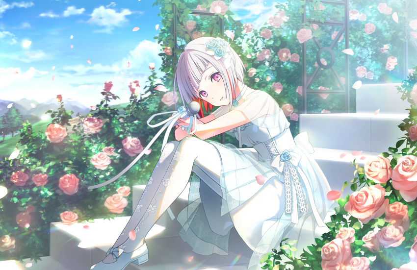 1girl :d aqua_rose blue_flower blue_rose blue_sky bob_cut bow choker colored_inner_hair diagonal_bangs dress dress_flower falling_petals flower flower_bush flower_choker footwear_bow game_cg grey_hair grin hair_flower hair_ornament highres holding holding_microphone inverted_bob link!_like!_love_live! looking_at_viewer love_live! mary_janes microphone mountainous_horizon multicolored_hair official_art pantyhose petals pink_flower pink_rose red_eyes red_hair rose see-through see-through_sleeves shoes short_hair short_sleeves single_wrist_cuff sitting sitting_on_stairs sky smile solo stairs streaked_hair third-party_source virtual_youtuber white_bow white_choker white_dress white_footwear white_pantyhose white_wrist_cuffs wrist_cuffs yugiri_tsuzuri