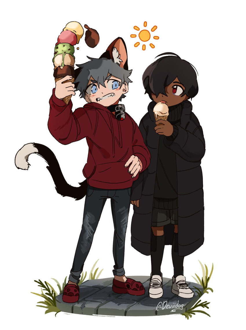 2boys animal_collar animal_ear_fluff animal_ears ankle_socks artist_name black_coat black_shorts black_socks black_sweater blue_eyes cat_boy cat_ears cat_tail coat collar crocs dark_skin denim deviidog0 english_commentary fangs food full_body grey_hair grin hair_between_eyes hair_over_one_eye hand_on_own_hip hand_up highres holding holding_food holding_ice_cream hood hood_down hoodie ice_cream ice_cream_cone jeans licking long_sleeves looking_at_another male_focus multiple_boys original pants red_eyes red_hoodie shoes short_eyebrows short_hair shorts simple_background smile sneakers socks standing sun_symbol sweater tail tongue tongue_out too_many too_many_scoops twitter_username very_dark_skin very_short_hair white_background white_footwear