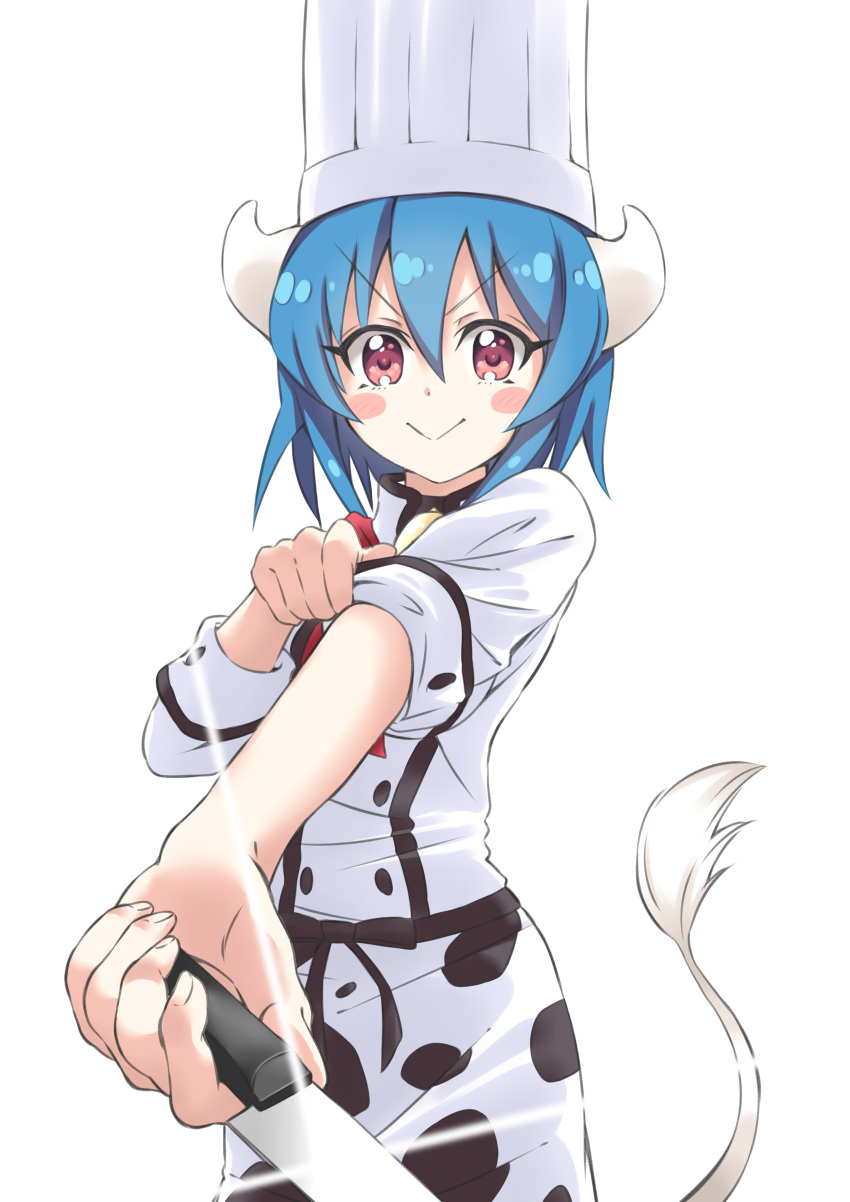 1girl :&gt; absurdres animal_print blue_hair blush chef_hat closed_mouth cow_girl cow_horns cow_print cow_tail hat highres holding holding_knife horns jashin-chan_dropkick knife looking_at_viewer minos_(jashin-chan_dropkick) pink_eyes short_hair sleeves_rolled_up smile solo tail white_hat yuuki_shushu