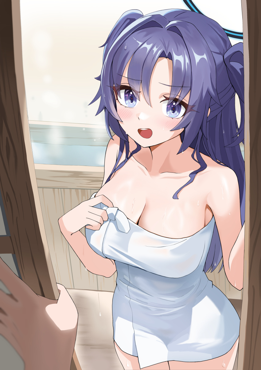 1boy 1girl :o absurdres bath blue_archive blush breasts cleavage collarbone domodomo0708 highres long_hair looking_at_viewer medium_breasts naked_towel ofuro pov pov_hands purple_eyes purple_hair sliding_doors steam towel two_side_up very_long_hair white_towel yuuka_(blue_archive)