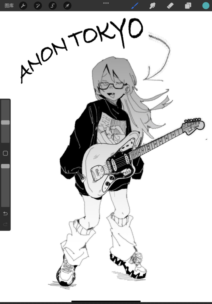 1girl arrow_(symbol) art_program_in_frame bang_dream! bang_dream!_it's_mygo!!!!! character_name chihaya_anon fang full_body glasses greyscale guitar highres instrument jacket leg_warmers long_hair long_sleeves monochrome open_clothes open_jacket open_mouth procreate_(medium) simple_background sleeves_past_fingers sleeves_past_wrists solo spot_color white_background zongchi