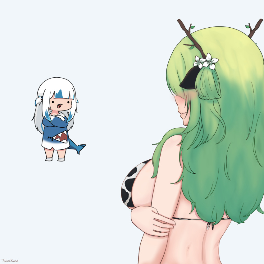 2girls animal_costume animal_ears animal_print antlers bikini blue_hoodie blue_shirt blush breasts ceres_fauna chibi chibi_inset cow_ears cow_print cow_print_bikini crossed_arms dimples_of_venus fins fish_tail flower gawr_gura green_hair hair_flower hair_ornament hair_over_shoulder hand_on_own_arm happy highres hololive hololive_english hood hoodie horns large_breasts long_hair long_sleeves looking_at_another multicolored_hair multicolored_shirt multiple_girls print_bikini shark_costume shark_hair_ornament shark_tail sharp_teeth shirt smol_gura stitched_tail streaked_hair swimsuit tail teeth torororose virtual_youtuber watermark white_background white_footwear white_hair