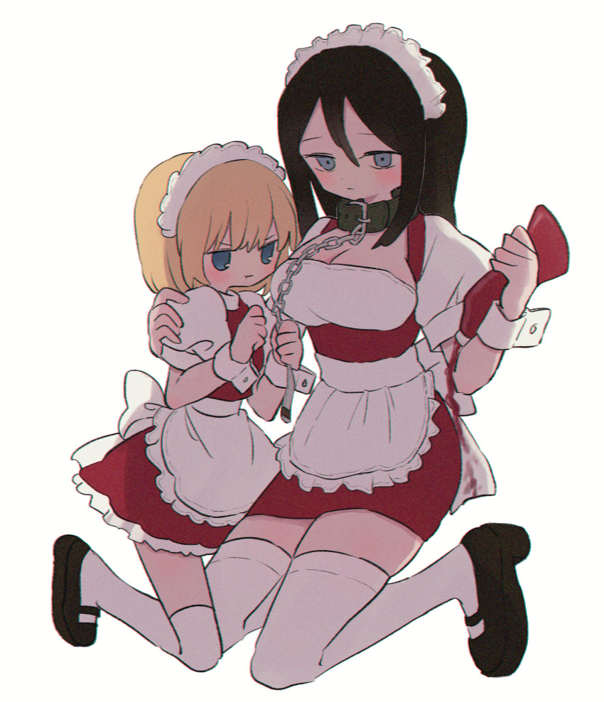 2girls alternate_costume black_footwear blonde_hair blue_eyes blush breasts brown_hair cleavage closed_mouth enmaided girls_und_panzer high_heels highres katyusha_(girls_und_panzer) large_breasts long_hair looking_at_viewer maid maid_headdress multiple_girls nonna_(girls_und_panzer) puffy_short_sleeves puffy_sleeves ri_(qrcode) short_hair short_sleeves simple_background sleeves_past_wrists thighhighs white_background white_thighhighs