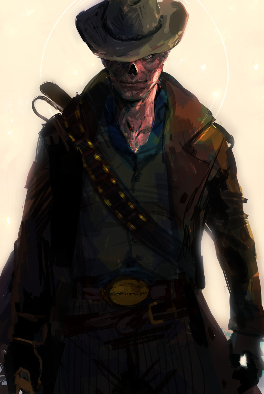 1boy absurdres character_request copyright_request cowboy cowboy_hat fallout_(series) ghoul hat highres looking_at_viewer mmmotionnn repeating_rifle simple_background solo tagme upper_body