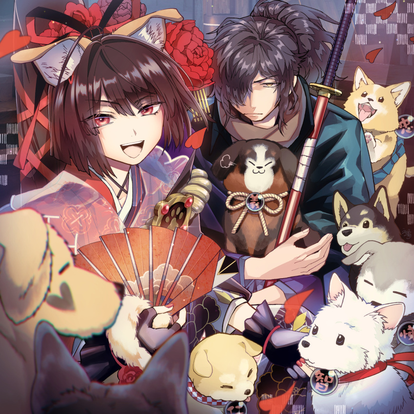 1boy 1girl :d animal_ear_fluff animal_ears black_hair brown_hair commentary_request dog falling_petals fate/grand_order fate_(series) folding_fan gloves hair_over_one_eye hand_fan highres japanese_clothes kimono kyokutei_bakin_(fate) looking_at_another looking_at_viewer multiple_dogs okada_izou_(fate) partially_fingerless_gloves petals ponytail pout puff_of_air red_eyes red_kimono red_nails scabbard sheath smile sword teeth uchiwara_kano upper_teeth_only weapon yellow_eyes