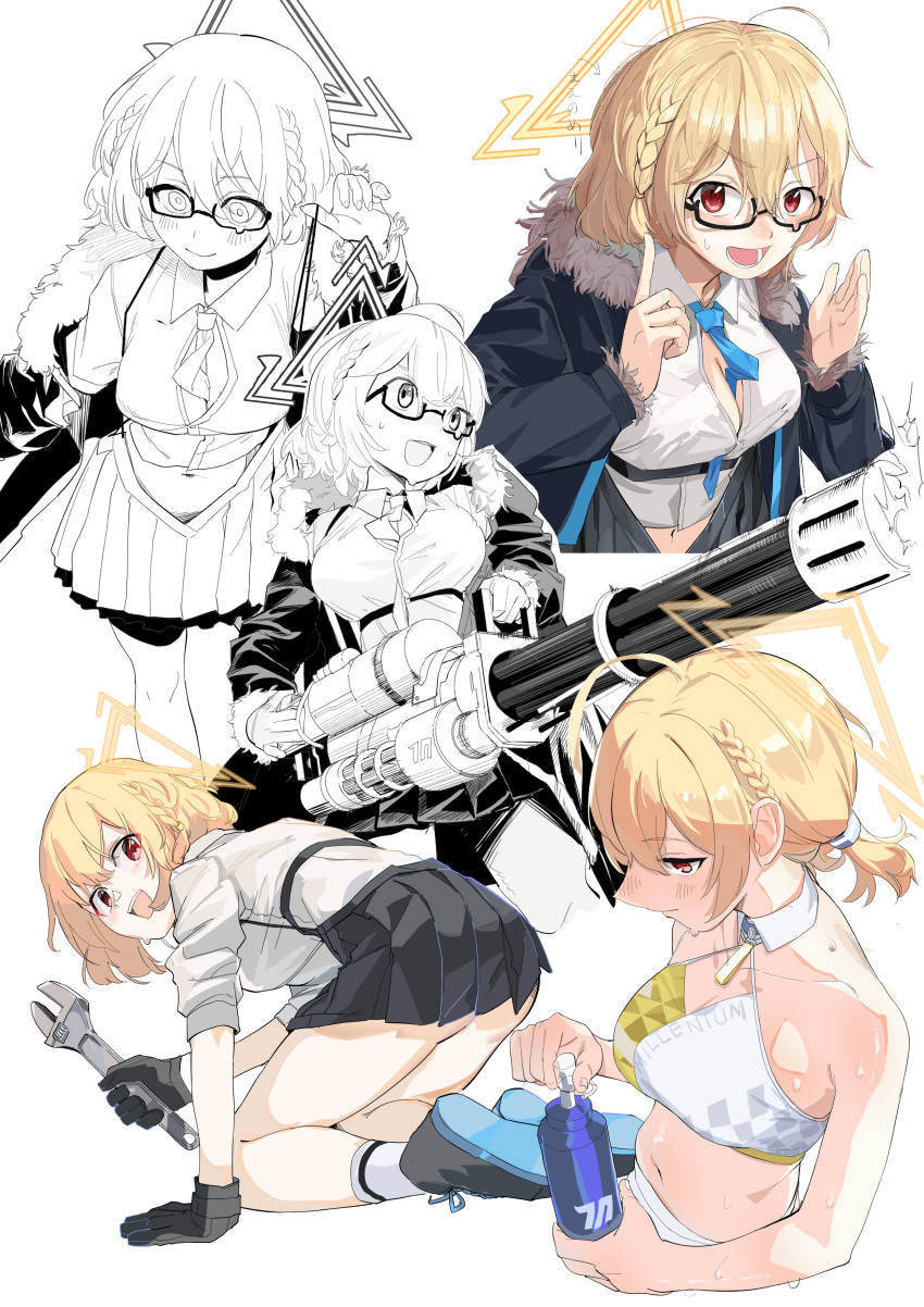 1girl absurdres ahoge between_breasts black-framed_eyewear blonde_hair blue_archive braid breasts cheerleader cleavage crop_top fur_trim gatling_gun glasses halo halterneck highres kotori_(blue_archive) kotori_(cheer_squad)_(blue_archive) midriff millennium_cheerleader_outfit_(blue_archive) minigun miniskirt multiple_views navel necktie necktie_between_breasts official_alternate_costume partially_unbuttoned pleated_skirt red_eyes school_uniform semi-rimless_eyewear short_hair side_braid skirt umiwashi under-rim_eyewear white_background yellow_halo