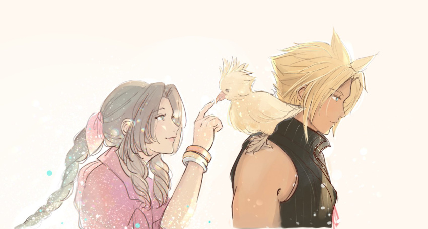 1boy 1girl aerith_gainsborough animal_on_shoulder bangle bird bird_on_shoulder blonde_hair blue_eyes bracelet braid braided_ponytail brown_hair chocobo cloud_strife final_fantasy final_fantasy_vii final_fantasy_vii_rebirth final_fantasy_vii_remake green_eyes hair_ribbon highres jacket jewelry long_hair papermint_tea parted_bangs pink_ribbon red_jacket ribbon short_hair sidelocks single_bare_shoulder single_braid sleeveless sleeveless_turtleneck smile spiked_hair turtleneck upper_body wavy_hair