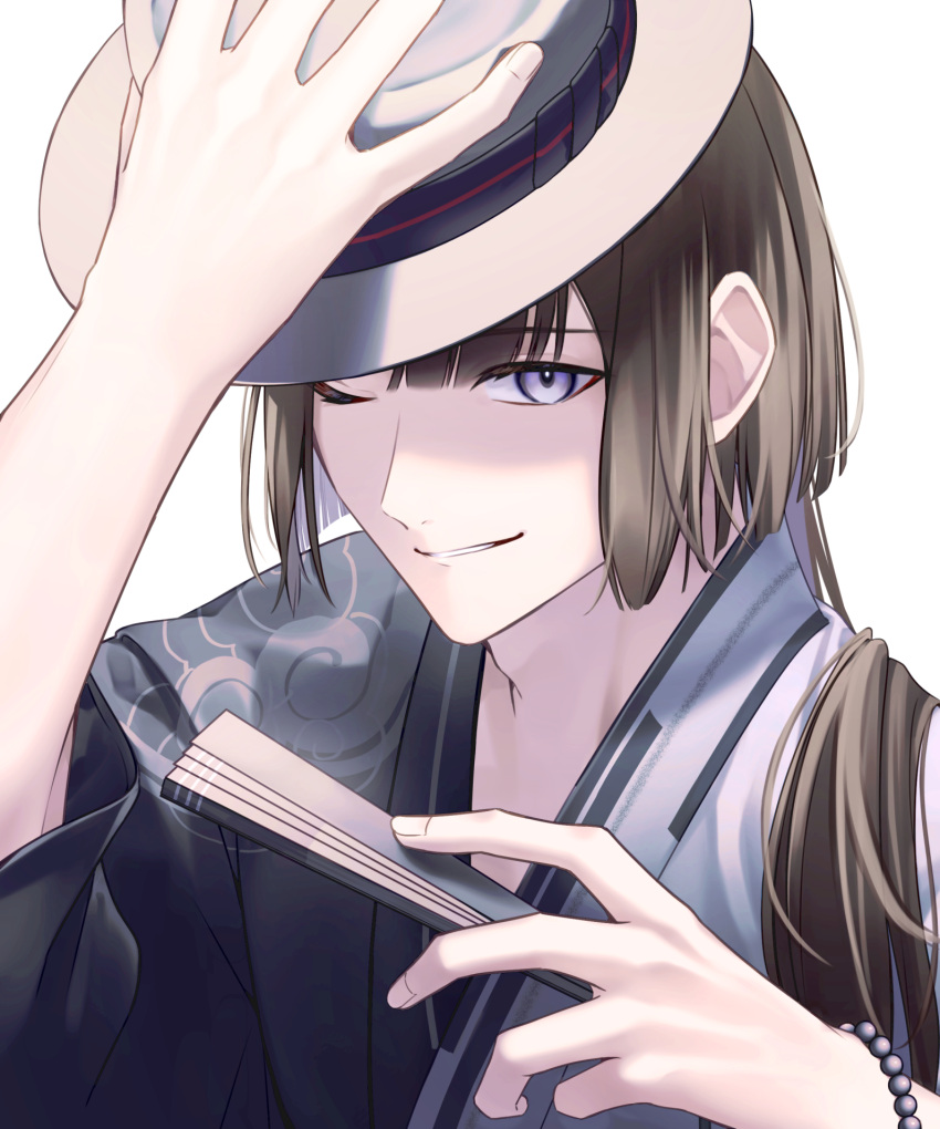 1boy alternate_costume black_hair curtained_hair fate/grand_order fate_(series) fedora hand_fan hat highres holding japanese_clothes kimono long_hair long_sleeves looking_at_viewer male_focus one_eye_closed paper_fan purple_eyes sakuraike simple_background smile solo tai_gong_wang_(fate) white_background