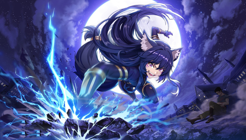 1boy 1girl animal_ear_fluff animal_ears black_coat black_footwear black_gloves black_hair black_pants blood blood_on_arm blood_on_clothes blood_on_face boots breasts cloud cloudy_sky coat commentary crazy_smile defeat delta_(kage_no_jitsuryokusha_ni_naritakute!) dust elbow_gloves electricity english_commentary facial_mark fangs fe626 floating_hair full_moon fur-trimmed_gloves fur_trim gloves glowing glowing_eyes ground_pound hair_between_eyes highres kage_no_jitsuryokusha_ni_naritakute! long_hair medium_breasts moon night night_sky open_mouth outdoors pants planted planted_sword punching purple_eyes rubble short_hair sky smile solo_focus sword tail weapon wolf_ears wolf_girl wolf_tail