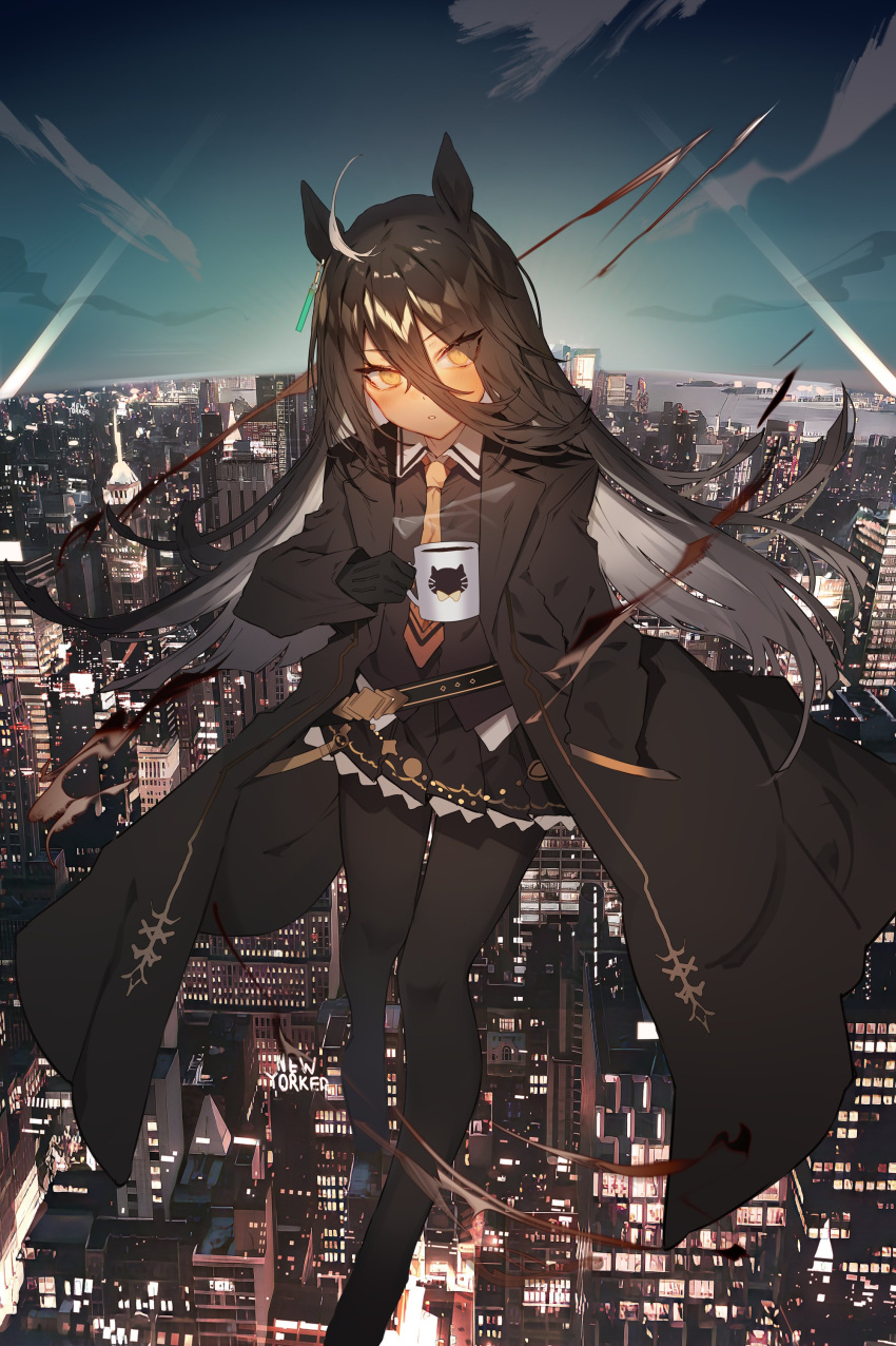 1girl absurdres ahoge animal_ears black_gloves black_hair black_jacket black_pantyhose black_skirt building city city_lights cityscape coffee coffee_mug cup gloves hair_between_eyes highres holding horse_ears horse_girl jacket long_bangs long_hair manhattan_cafe_(umamusume) mug necktie open_clothes open_jacket pantyhose pleated_skirt skirt skyscraper solo soukou_makura umamusume very_long_hair yellow_eyes yellow_necktie