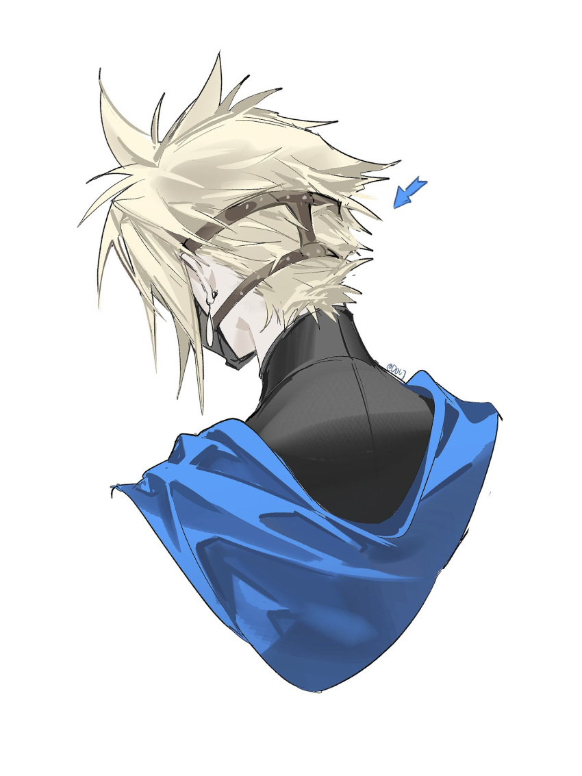 1boy black_jacket blonde_hair blue_cloak cloak cloud_strife cloud_strife_(alphreid_costume) dangle_earrings duoj_ji earrings final_fantasy final_fantasy_vii final_fantasy_vii_rebirth final_fantasy_vii_remake from_behind highres jacket jewelry male_focus mask mouth_mask official_alternate_costume short_hair single_earring solo spiked_hair upper_body white_background