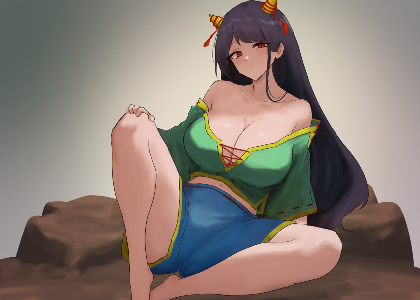 bare_shoulders barefoot black_hair blue_shorts breasts cleavage closed_mouth collarbone cone_horns expressionless grey_background head_tilt highres horns large_breasts long_hair midriff_peek moriforest1040 navel nippaku_zanmu off-shoulder_shirt off_shoulder red_eyes rock shirt short_sleeves shorts simple_background sitting spread_legs touhou very_long_hair yellow_horns