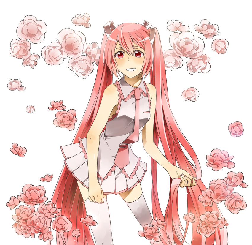 catgirl0926 flower hatsune_miku highres long_hair pink_eyes pink_hair sakura_miku smile solo thighhighs twintails very_long_hair vocaloid