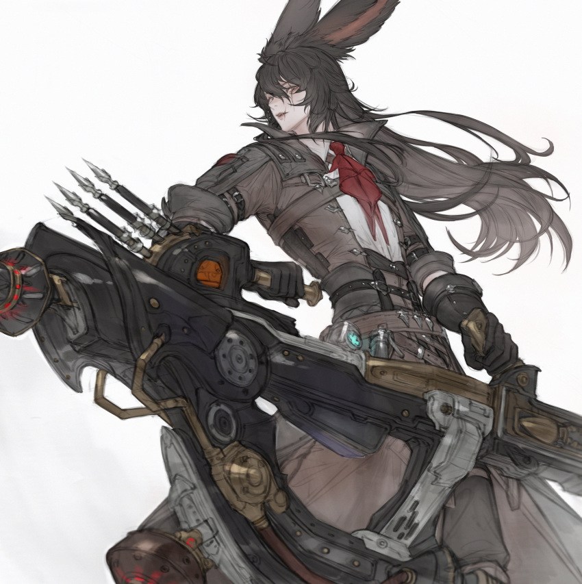 1boy absurdres animal_ears ascot black_gloves brown_coat brown_hair coat final_fantasy final_fantasy_xiv floating_hair gloves gun highres holding holding_gun holding_weapon long_coat long_hair looking_at_viewer machinist_(final_fantasy) male_focus open_clothes open_coat parted_lips rabbit_ears red_ascot scar scar_across_eye shirt simple_background solo standing tladpwl03 viera warrior_of_light_(ff14) weapon white_background white_shirt