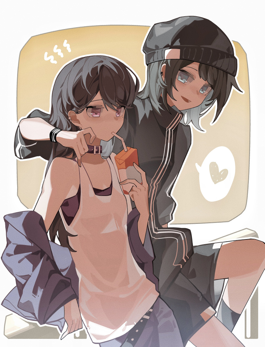 2girls absurdres bang_dream! bang_dream!_it's_mygo!!!!! black_beanie black_choker black_hair black_jacket black_shorts black_socks blue_jacket bracelet choker commentary drinking_straw drinking_straw_in_mouth earclip green_eyes haobuguniao hashtag-only_commentary heart highres holding_carton jacket jewelry kneehighs long_hair mole mole_under_eye multiple_girls off_shoulder open_clothes open_jacket open_mouth outline purple_eyes railing shiina_taki shorts sidelocks socks spoken_heart tank_top white_outline white_tank_top yahata_umiri yuri