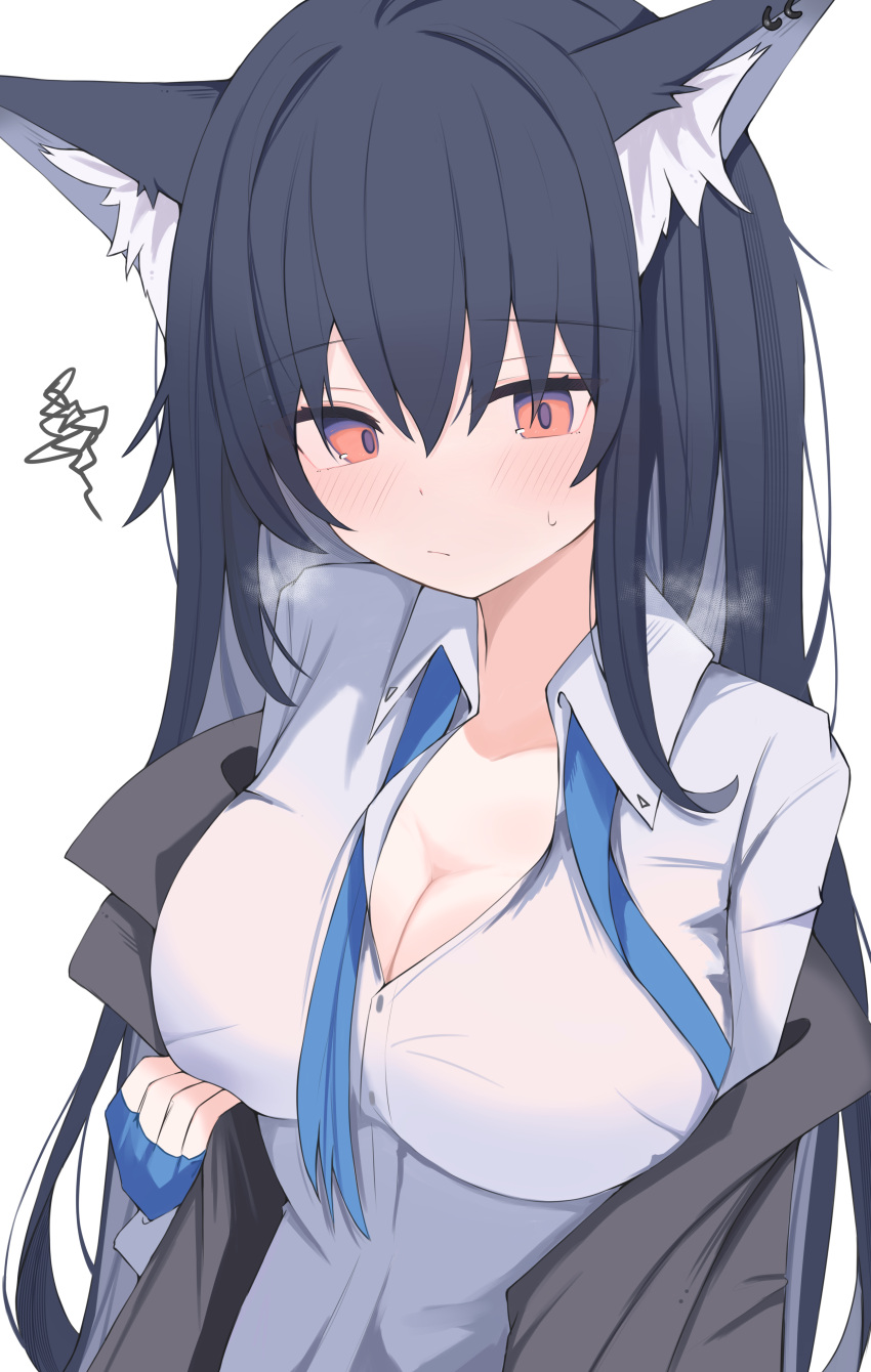 1girl absurdres animal_ear_fluff animal_ears arknights black_hair black_jacket blue_gloves blue_necktie blush breasts breath buttons cleavage closed_mouth collared_shirt dress_shirt fingerless_gloves gloves hair_between_eyes highres jacket large_breasts long_hair looking_at_viewer necktie nui_(nuinui0300) off_shoulder open_clothes open_collar open_jacket orange_eyes shirt simple_background solo squiggle sweatdrop texas_(arknights) undone_necktie upper_body white_background white_shirt wolf_ears wolf_girl