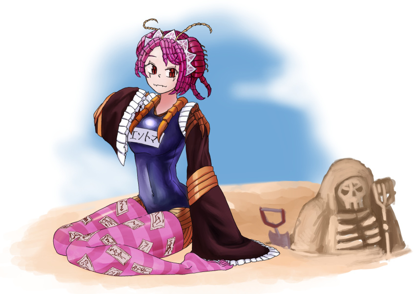 1girl ainz_ooal_gown antennae arthropod_girl bad_deviantart_id bad_id beach breasts brown_sleeves closed_mouth commentary covered_navel day double_bun english_commentary entoma_vasilissa_zeta extra_pupils fangs feet hair_bun highres lemonbizate looking_at_viewer maid_headdress medium_breasts monster_girl name_tag non-web_source official_alternate_costume ofuda ofuda_on_clothes outdoors overlord_(maruyama) pink_thighhighs purple_hair red_eyes sand sand_sculpture school_swimsuit sharp_toenails short_hair sitting skin_fangs sleeves_past_fingers sleeves_past_wrists smile solo swimsuit thighhighs third-party_source toenails toes trowel wariza wide_sleeves