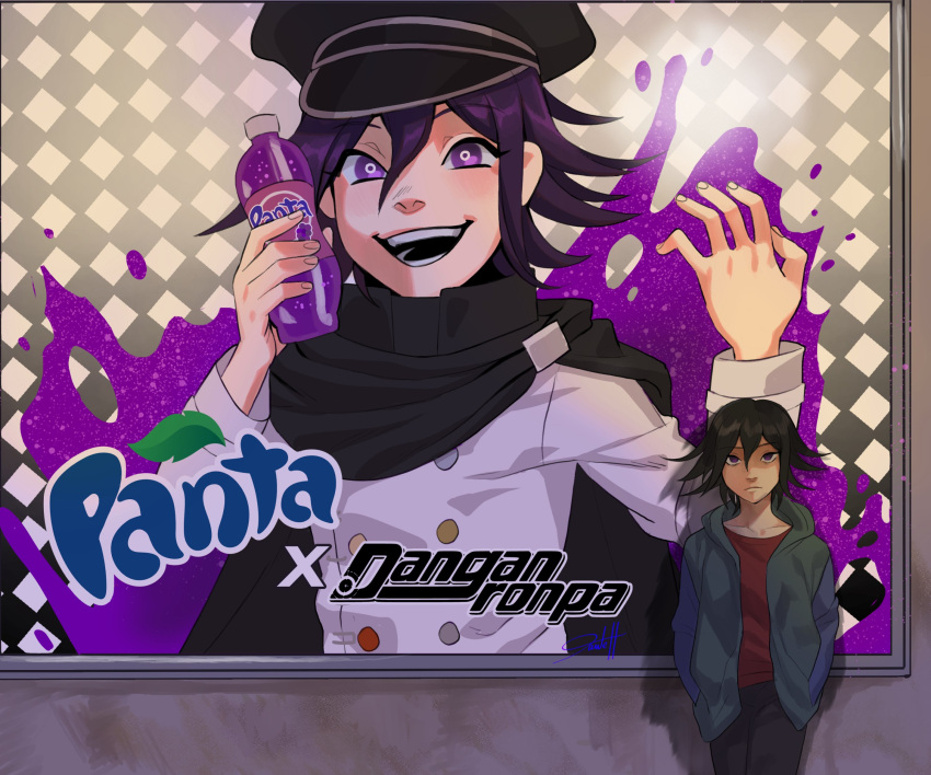 1boy ad against_wall black_hair black_hat blush bottle buttons checkered_background collarbone copyright_name danganronpa_(series) danganronpa_v3:_killing_harmony drink english_commentary expressionless fanta flipped_hair hair_between_eyes hands_in_pockets hands_up highres holding holding_bottle holding_drink hood hoodie long_sleeves looking_at_viewer male_focus oma_kokichi open_clothes open_hoodie open_mouth poster_(object) promo_poster purple_eyes purple_hair red_shirt septimo_dante serious shadow shirt short_hair signature smile splatter_background teeth upper_body