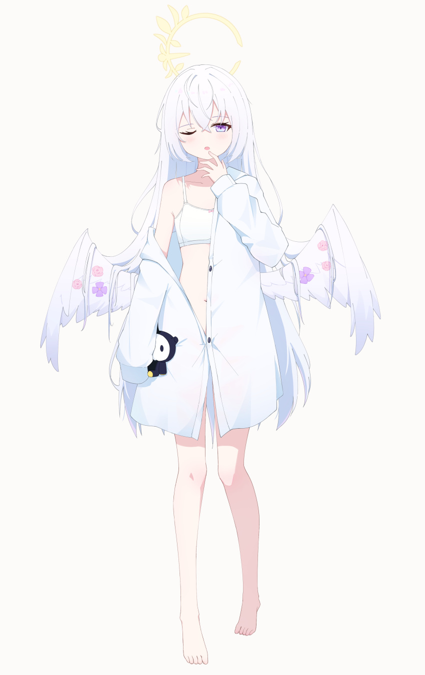 1girl absurdres alternate_costume azusa_(blue_archive) barefoot blue_archive bra breasts commentary feathered_wings full_body halo hand_up highres icetea_(8862) long_hair long_sleeves looking_at_viewer navel off_shoulder one_eye_closed purple_eyes shirt simple_background sleeves_past_fingers sleeves_past_wrists small_breasts solo standing underwear white_background white_bra white_hair white_shirt white_wings wings yellow_halo