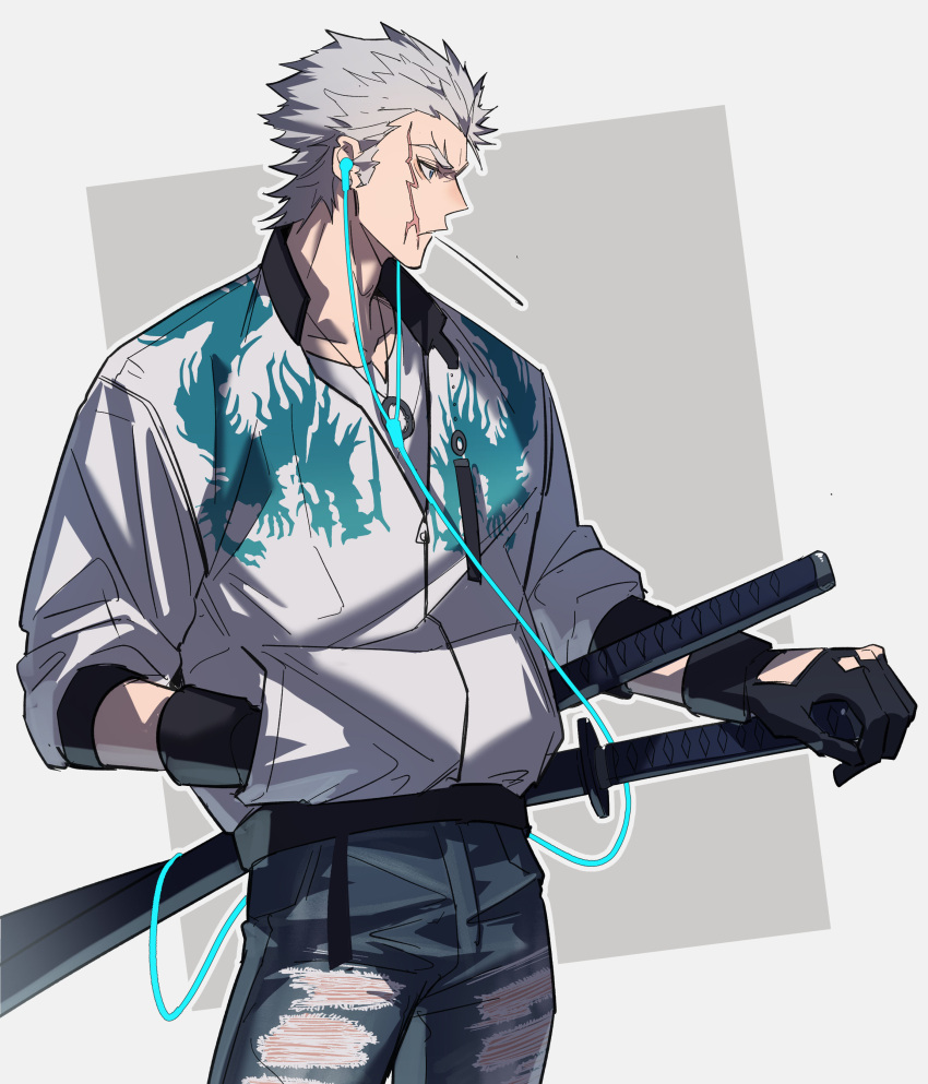 1boy absurdres black_gloves blue_eyes collared_jacket denim dragon_print earbuds earphones fate/grand_order fate_(series) gloves grey_hair hair_slicked_back haruakira highres holding jacket jeans long_sleeves male_focus mouth_hold nagakura_shinpachi_(fate) pants partially_unzipped scar scar_on_cheek scar_on_face shirt short_hair stalk_in_mouth sword weapon white_jacket white_shirt zipper zipper_pull_tab