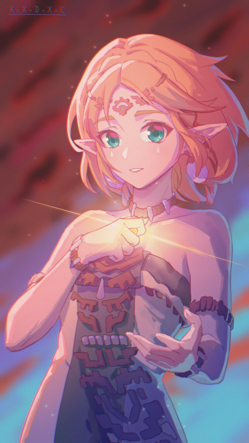 1girl absurdres armlet artist_name bare_shoulders blurry blurry_background braid breasts choker circlet collarbone crown_braid dress earrings green_eyes hand_on_own_chest highres jewelry looking_at_viewer medium_breasts outstretched_hand parted_bangs parted_lips pointy_ears princess_zelda short_hair sidelocks solo strapless strapless_dress teardrop_facial_mark the_legend_of_zelda the_legend_of_zelda:_tears_of_the_kingdom upper_body x.x.d.x.c