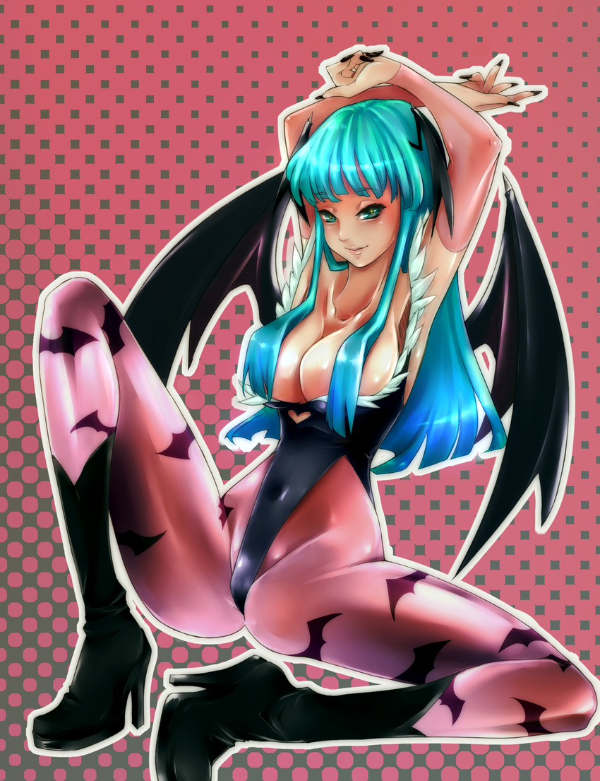 absurdres animal_print aqua_hair armpits arms_up bare_shoulders bat_print bat_wings boots breasts cleavage co_(eselisapyon) demon_girl elbow_gloves gloves green_eyes head_wings high_heels highleg highleg_leotard highres large_breasts legs leotard long_hair long_legs morrigan_aensland nail_polish pantyhose print_legwear shoes solo spread_legs succubus thighs vampire_(game) wings