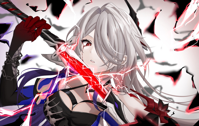 1girl absurdres acheron_(honkai:_star_rail) black_choker black_gloves blood blood_from_eyes body_markings breasts chain choker cleavage detached_sleeves flower gloves hair_over_one_eye highres holding holding_sword holding_weapon honkai:_star_rail honkai_(series) long_hair official_alternate_hair_color purple_hair red_eyes red_flower rinmel9 sheath single_bare_shoulder solo sparks sword unsheathing weapon white_hair