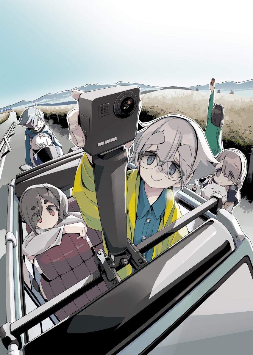 5girls afro_(kngotezo) black_hair blue_eyes brown_eyes camera car cat character_request commentary_request day glasses grey_eyes grey_hair highres long_hair mono_(afro) motor_vehicle mountainous_horizon multiple_girls official_art outdoors short_hair white_cat