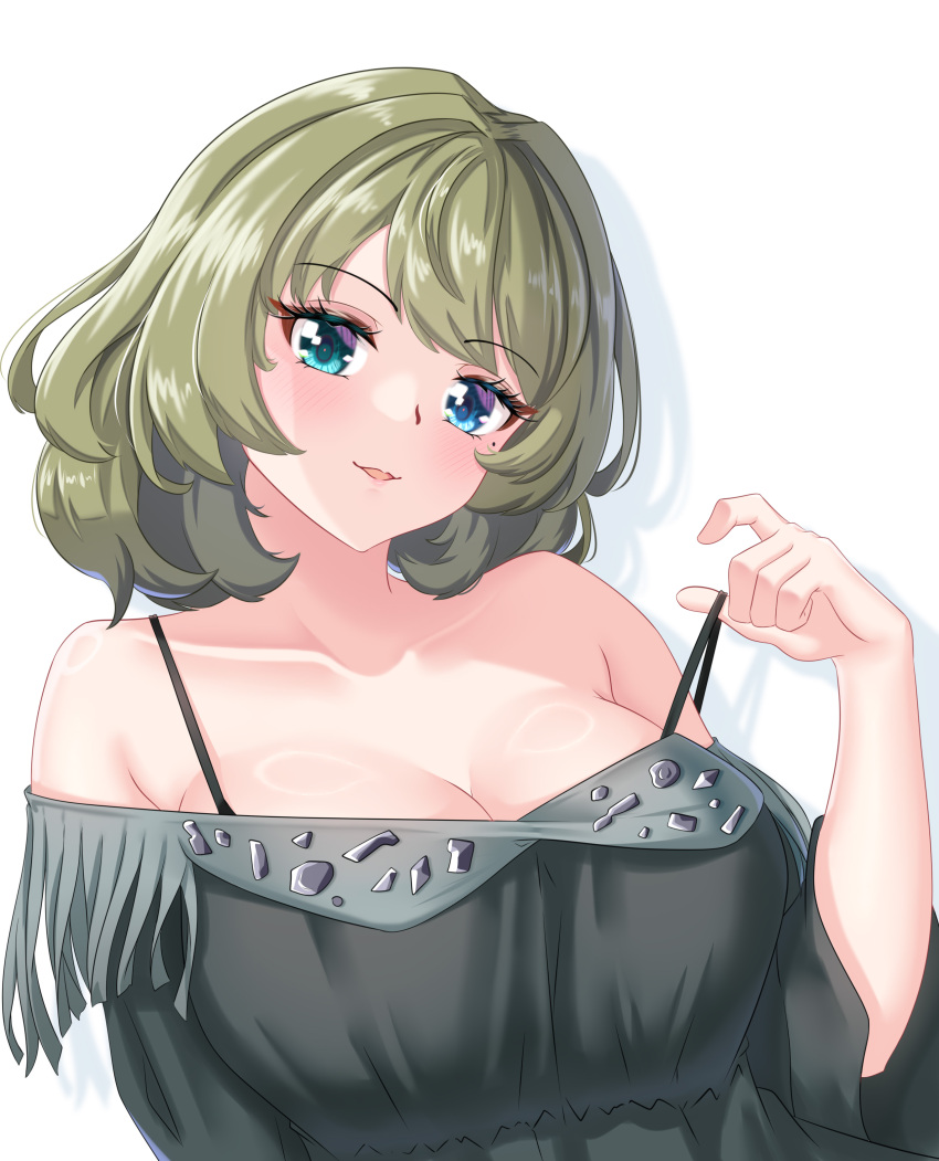 1girl absurdres arada_(corsair_zero) bare_shoulders breasts cleavage collarbone green_hair heterochromia highres idolmaster idolmaster_cinderella_girls large_breasts looking_at_viewer mole mole_under_eye off-shoulder_shirt off_shoulder shirt short_hair simple_background solo takagaki_kaede upper_body white_background