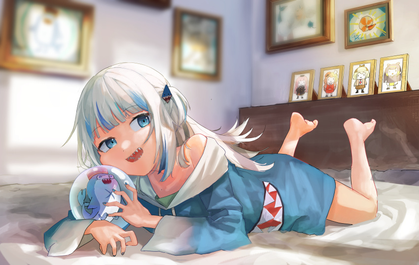 1girl absurdres barefoot bloop_(gawr_gura) blue_eyes blue_hair blue_hoodie blunt_bangs deerstalker feet feet_up gawr_gura gawr_gura_(1st_costume) hair_ornament hat highres hololive hololive_english hood hoodie long_hair looking_at_viewer lying mori_calliope multicolored_hair ninomae_ina'nis on_stomach open_mouth parody shark_hair_ornament sharp_teeth shrimp smile smol_ame soles solo streaked_hair style_parody takanashi_kiara teeth the_pose umiwashi virtual_youtuber walfie_(style) watson_amelia