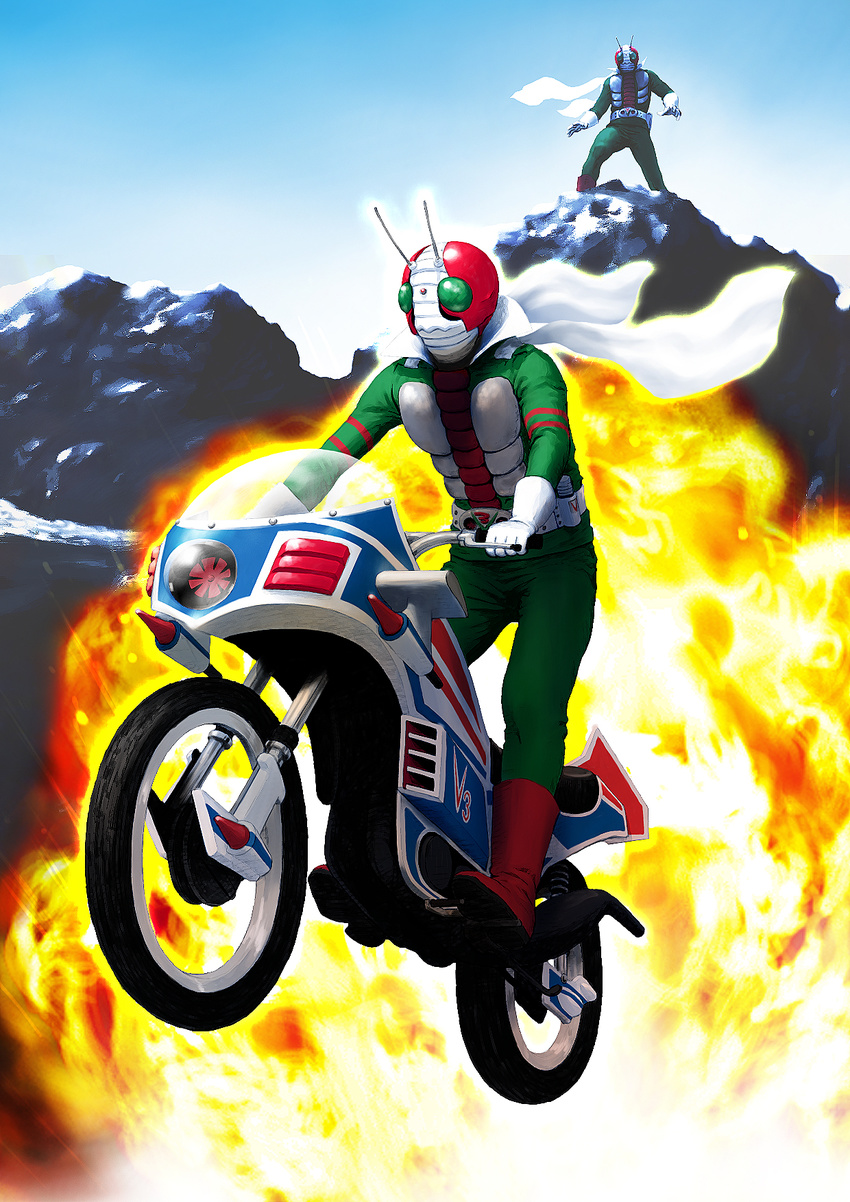 ab_(atstudio) antennae explosion ground_vehicle highres hurricane_(kamen_rider) jumping kamen_rider kamen_rider_v3 kamen_rider_v3_(series) motor_vehicle motorcycle multiple_boys scarf