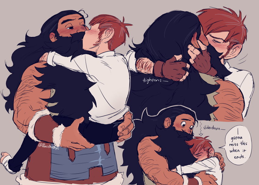 2boys bara beard blush brown_hair carrying carrying_person chilchuck_tims collage couple dungeon_meshi dwarf english_text facial_hair hairy half-closed_eyes highres interracial kiss long_beard long_sideburns male_focus multiple_boys paesthethyc plump senshi_(dungeon_meshi) sideburns size_difference thick_arm_hair thick_mustache very_long_beard yaoi