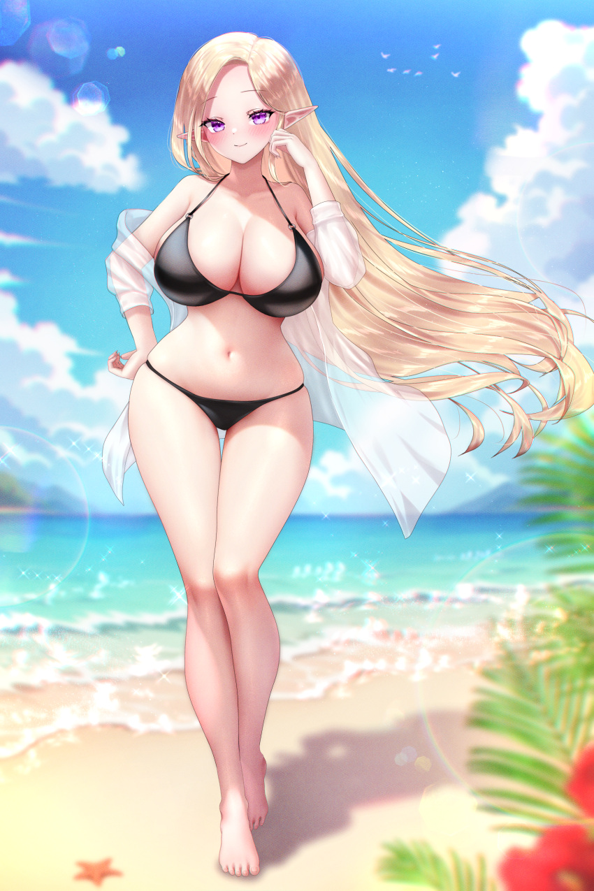 1girl absurdres beach bikini black_bikini blonde_hair blue_sky breasts cleavage closed_mouth cloud collarbone commission dadamyu day elf feet highres jacket large_breasts legs long_hair looking_at_viewer ocean original outdoors pointy_ears purple_eyes see-through see-through_jacket sky smile solo standing summer swimsuit thighs very_long_hair white_jacket