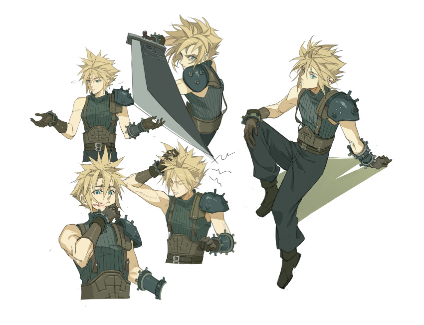 1boy absurdres armor baggy_pants belt black_footwear blonde_hair blue_eyes blue_pants blue_shirt boots brown_belt brown_gloves buster_sword closed_eyes cloud_strife dododo final_fantasy final_fantasy_vii final_fantasy_vii_rebirth final_fantasy_vii_remake gloves hair_between_eyes hand_in_own_hair hand_to_own_mouth highres holding holding_sword holding_weapon male_focus multiple_belts multiple_views pants shirt short_hair shoulder_armor shrugging single_bare_shoulder single_shoulder_pad sleeveless sleeveless_turtleneck solo spiked_hair suspenders sword turtleneck weapon white_background