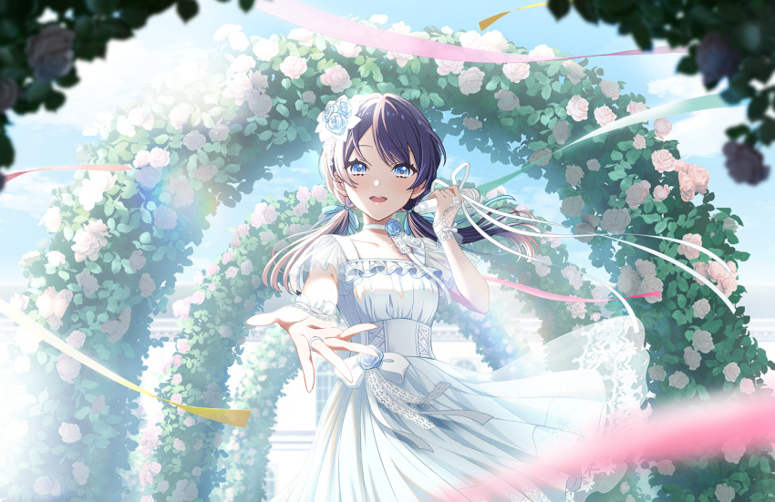 1girl arch blue_eyes blue_flower blue_hair blue_ribbon blue_rose blurry blurry_background blurry_foreground choker collarbone dark_blue_hair dress dress_flower fingerless_gloves floating_clothes floating_hair floral_arch flower flower_choker frilled_wrist_cuffs frills game_cg gloves hair_flower hair_ornament hair_ribbon highres holding holding_microphone jewelry lace-trimmed_wrist_cuffs lace_trim link!_like!_love_live! long_hair looking_at_viewer love_live! low_twintails medium_dress microphone mole mole_on_neck murano_sayaka official_art open_mouth outstretched_arm ribbon ring rose see-through see-through_dress_layer see-through_sleeves short_sleeves single_fingerless_glove single_wrist_cuff smile solo streamers teeth third-party_source twintails upper_teeth_only virtual_youtuber white_choker white_dress white_flower white_rose wrist_cuffs