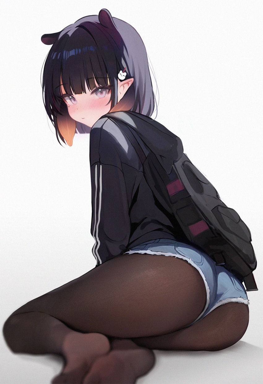 1girl alternate_costume ass backpack bag black_jacket black_pantyhose blunt_bangs blush denim denim_shorts feet fine_fabric_emphasis gradient_hair hair_ornament hairclip highres hololive hololive_english hood hood_down hooded_jacket jacket koahri legs long_sleeves looking_at_viewer mole mole_under_eye multicolored_hair ninomae_ina'nis no_shoes orange_hair pantyhose pointy_ears purple_hair short_hair short_shorts shorts sidelocks simple_background soles solo virtual_youtuber white_background
