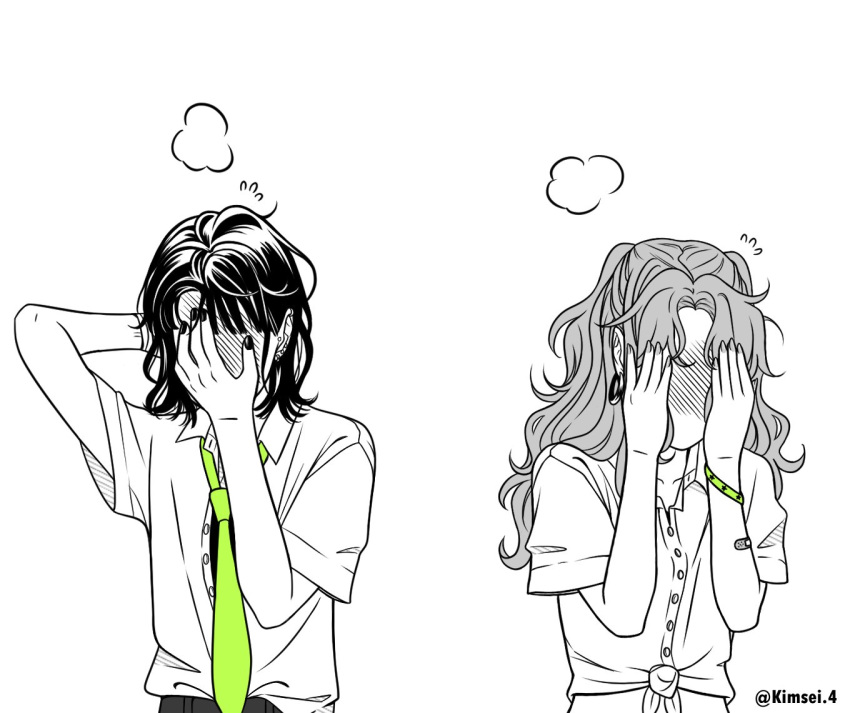 2girls arm_up blush collared_shirt commentary ear_piercing earrings embarrassed english_commentary flying_sweatdrops green_necktie greyscale hand_on_own_face hand_on_own_head hoop_earrings jewelry kimsei kininatteru_hito_ga_otoko_ja_nakatta koga_mitsuki long_hair loose_necktie medium_hair monochrome multiple_girls nail_polish necktie oosawa_aya piercing shirt short_sleeves spot_color steaming_body unbuttoned unbuttoned_shirt upper_body wavy_hair white_background yuri